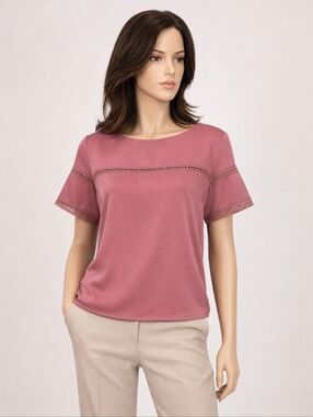 LOFT Dusty Rose Short-Sleeve Lace-Trim Blouse